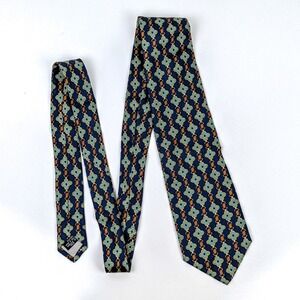 Vintage Fendi Cravatte Mens Silk Tie Navy Blue Green Geometric Chain Link